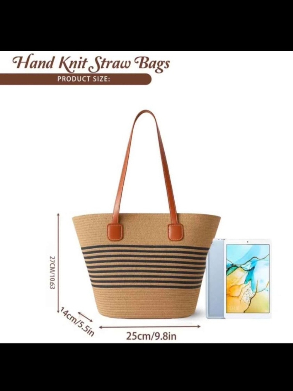 Woven Straw Tote Bag with Brown Leather Handles - Tan & Cream - Picture 4 of 5